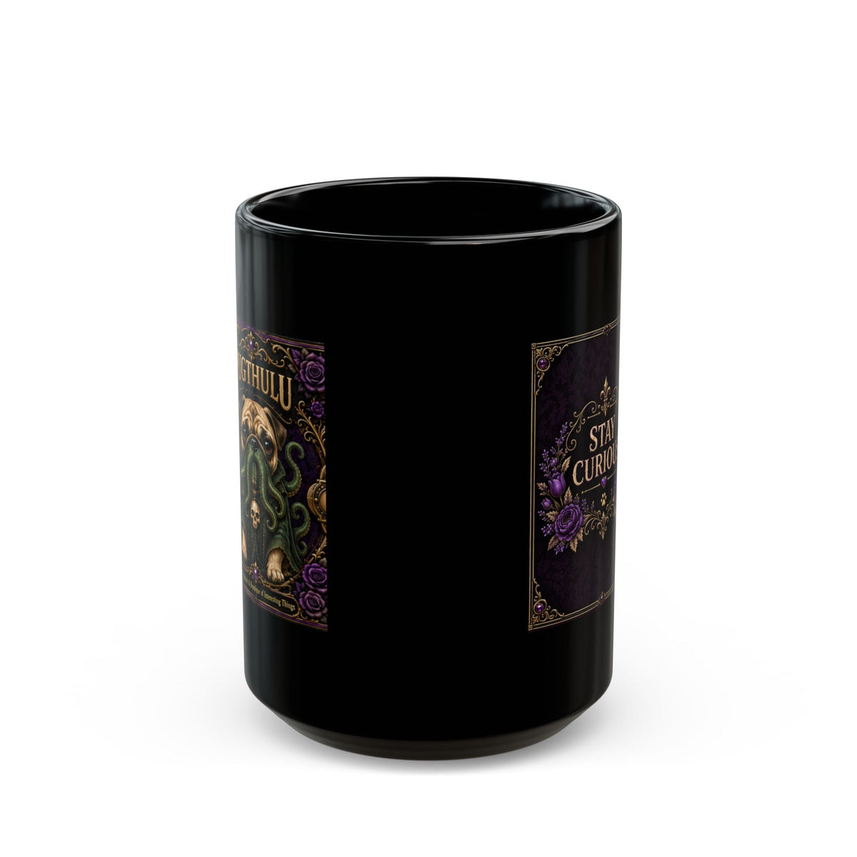 Pugthulu — Purple Stay Curious Black Mug, 15oz product view