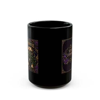 Pugthulu — Purple Stay Curious Black Mug, 15oz product view