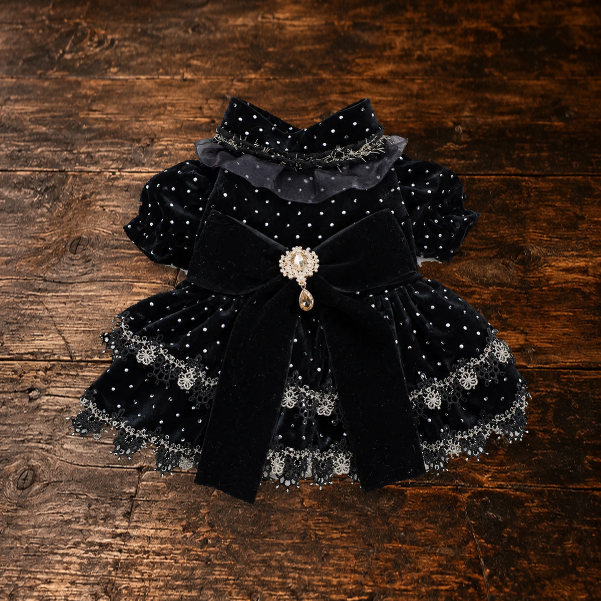 Black Velvet Polka Dot Dog Dress