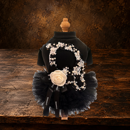 Black Pearl Dog Dress with Tulle Skirt