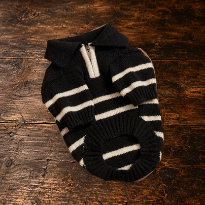The Cortado — Black Striped Quarter-Zip Dog Sweater