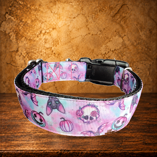 Purple Spooky Season Nylon Dog Collar displayed on the antique table