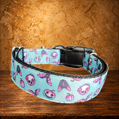 Blue Spooky Season Nylon Dog Collar displayed on the antique table