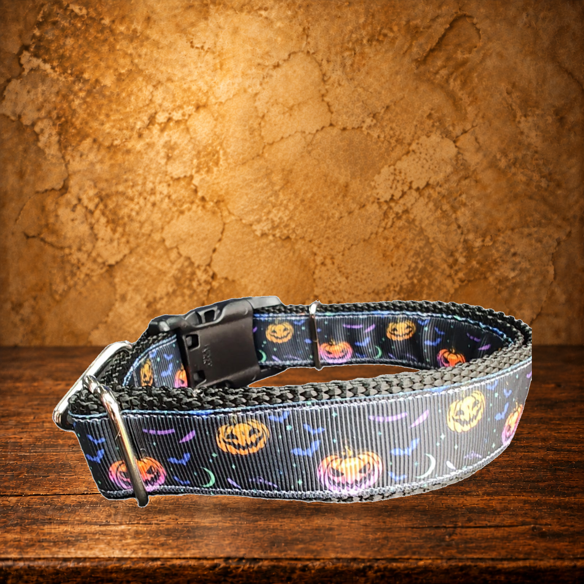Fright Night Nylon Dog Collar displayed on the antique table