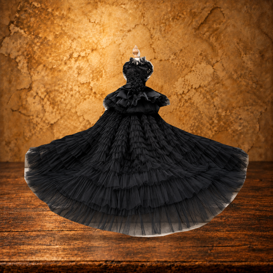 Black Dog Wedding Dress with Detachable Train displayed on the antique table