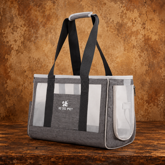 Breathable gray pet carrier with black handles displayed on the antique wooden table