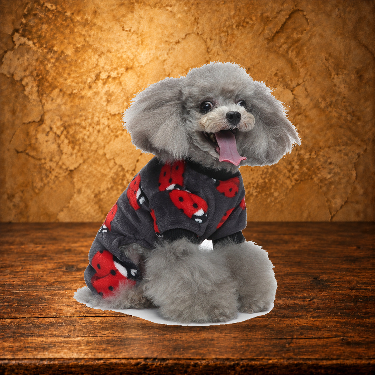 Plush Autumn Dog Pajamas displayed on the antique table