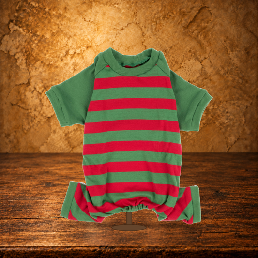 Red & Green Striped Dog Pajamas displayed on the antique table