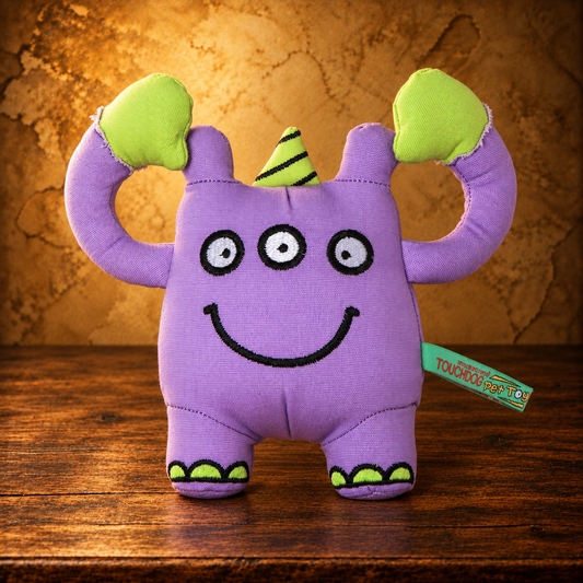 Touchdog Three-Eyed Monster Plush Toy — Purple — antique display