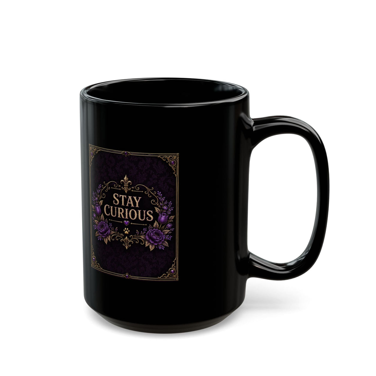 Pugthulu — Purple Stay Curious Black Mug, 15oz product view