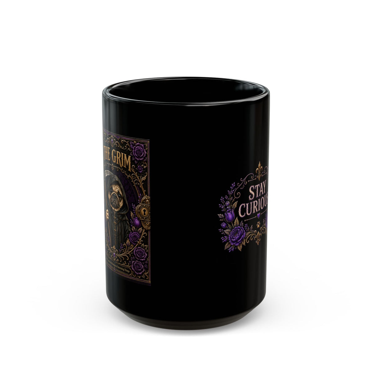 The Grim — Purple Stay Curious Black Mug, 15oz product view