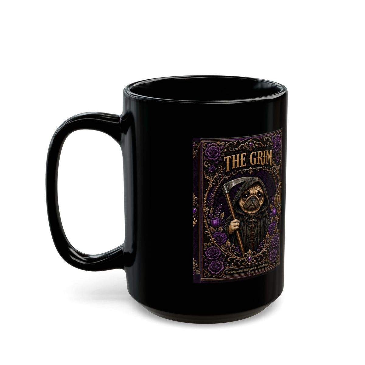 The Grim — Purple Stay Curious Black Mug, 15oz product view