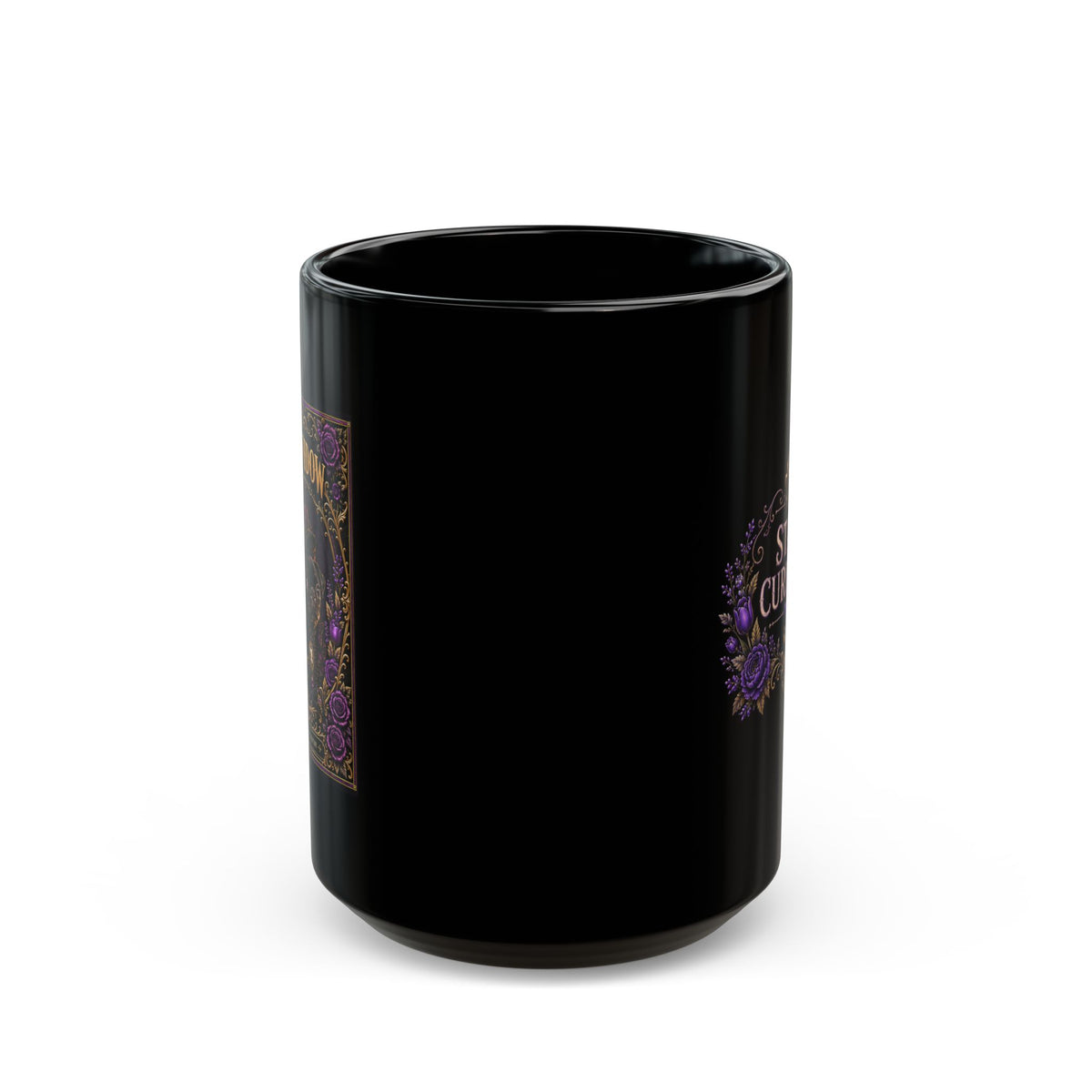 The Widow — Purple Stay Curious Black Mug, 15oz