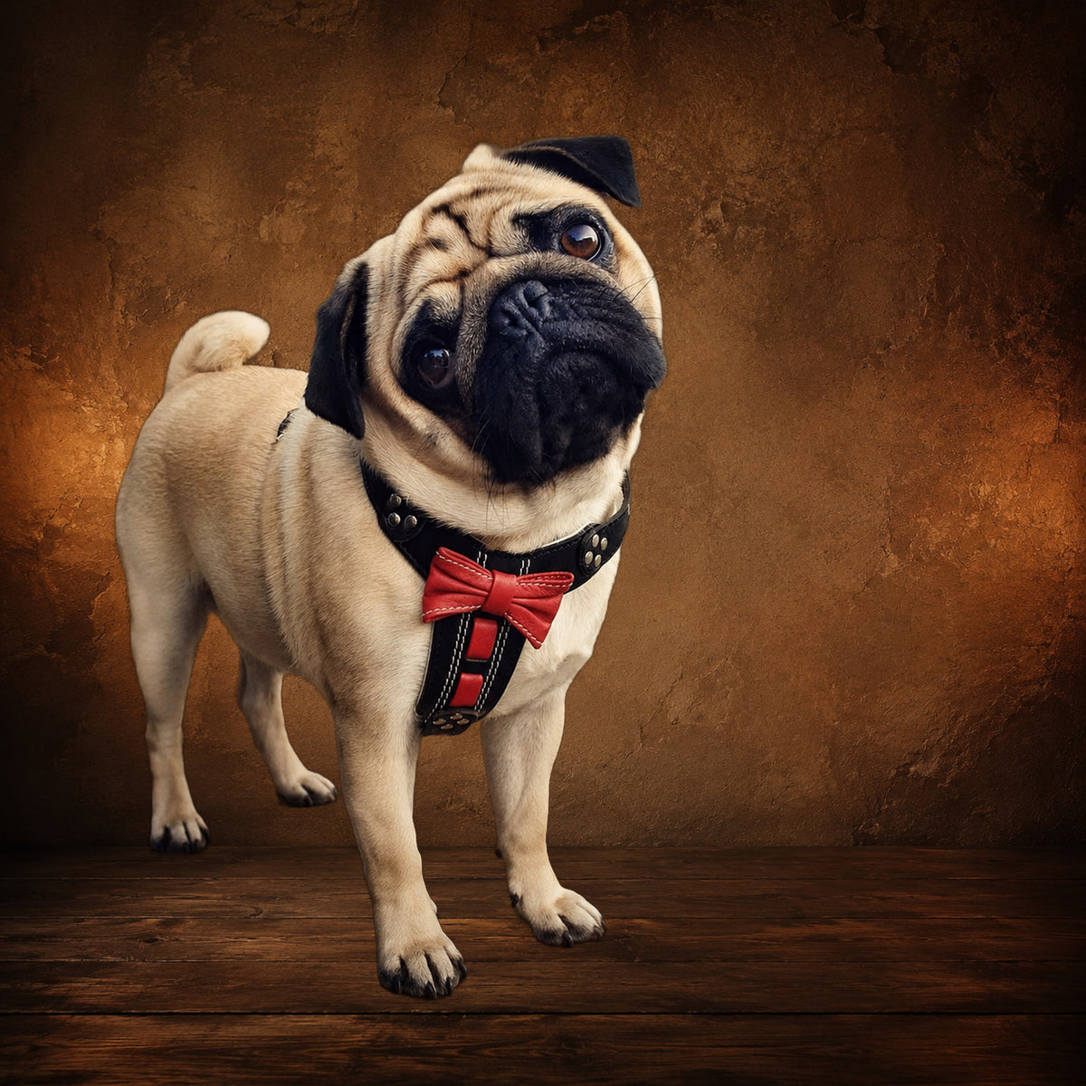 The Proper Gentleman Leather Bowtie Harness on an antique Pate’s Pugorium backdrop