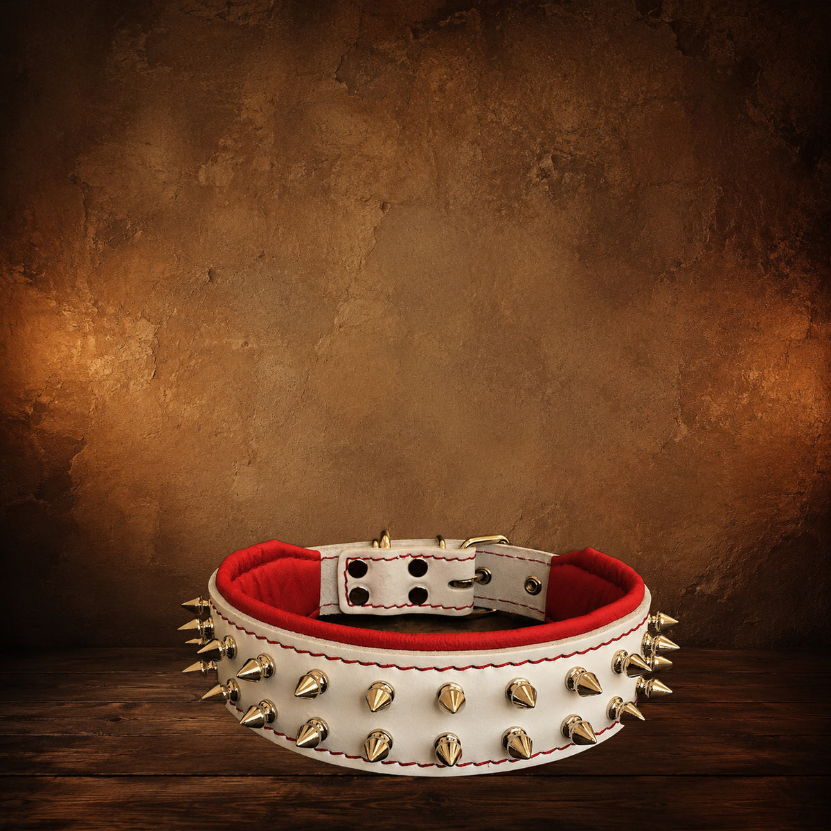 The Ivory Rebel Padded Leather Collar on an antique Pate’s Pugorium backdrop