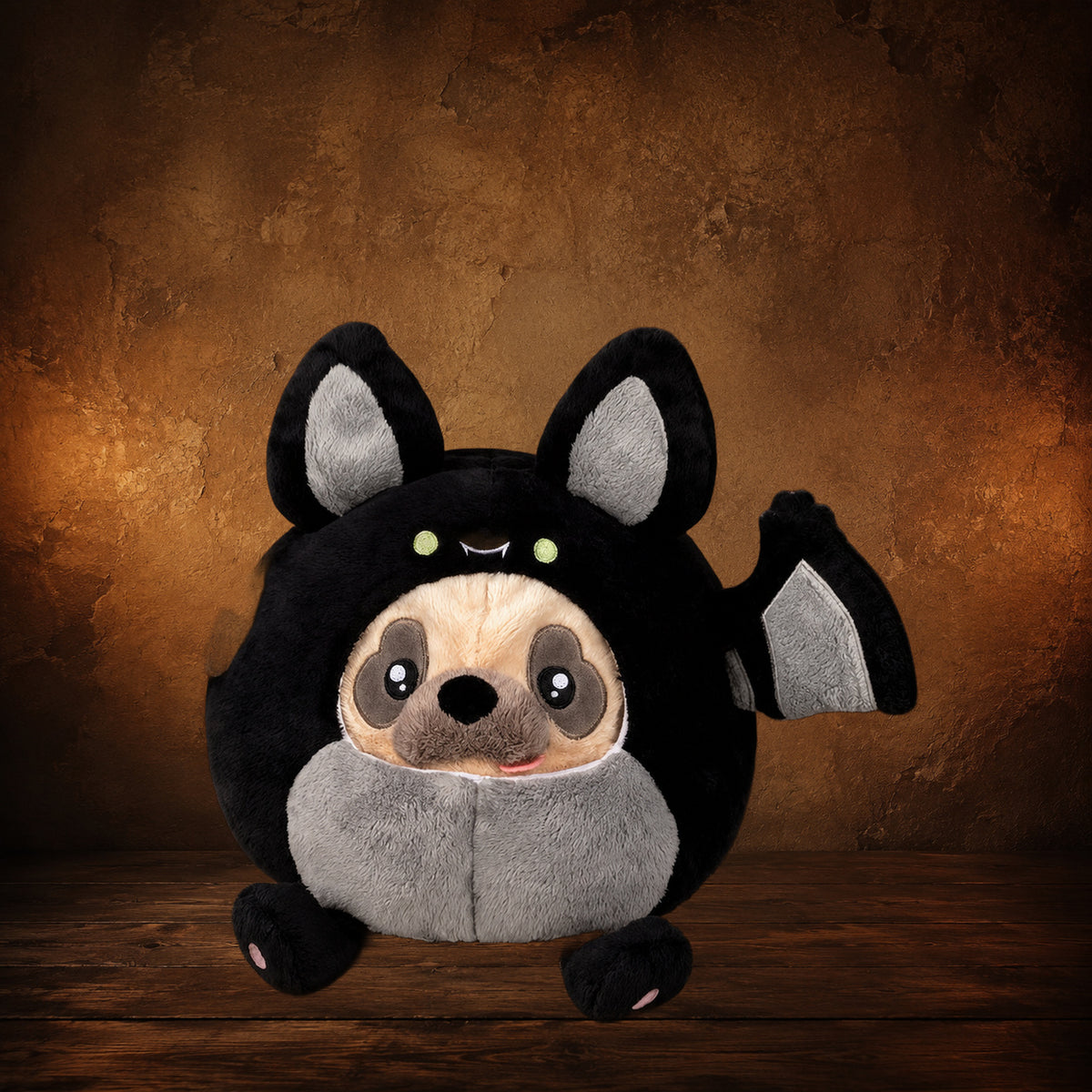The Undercover Bat-Pug Plush — Guest Curiosity on an antique Pate’s Pugorium backdrop