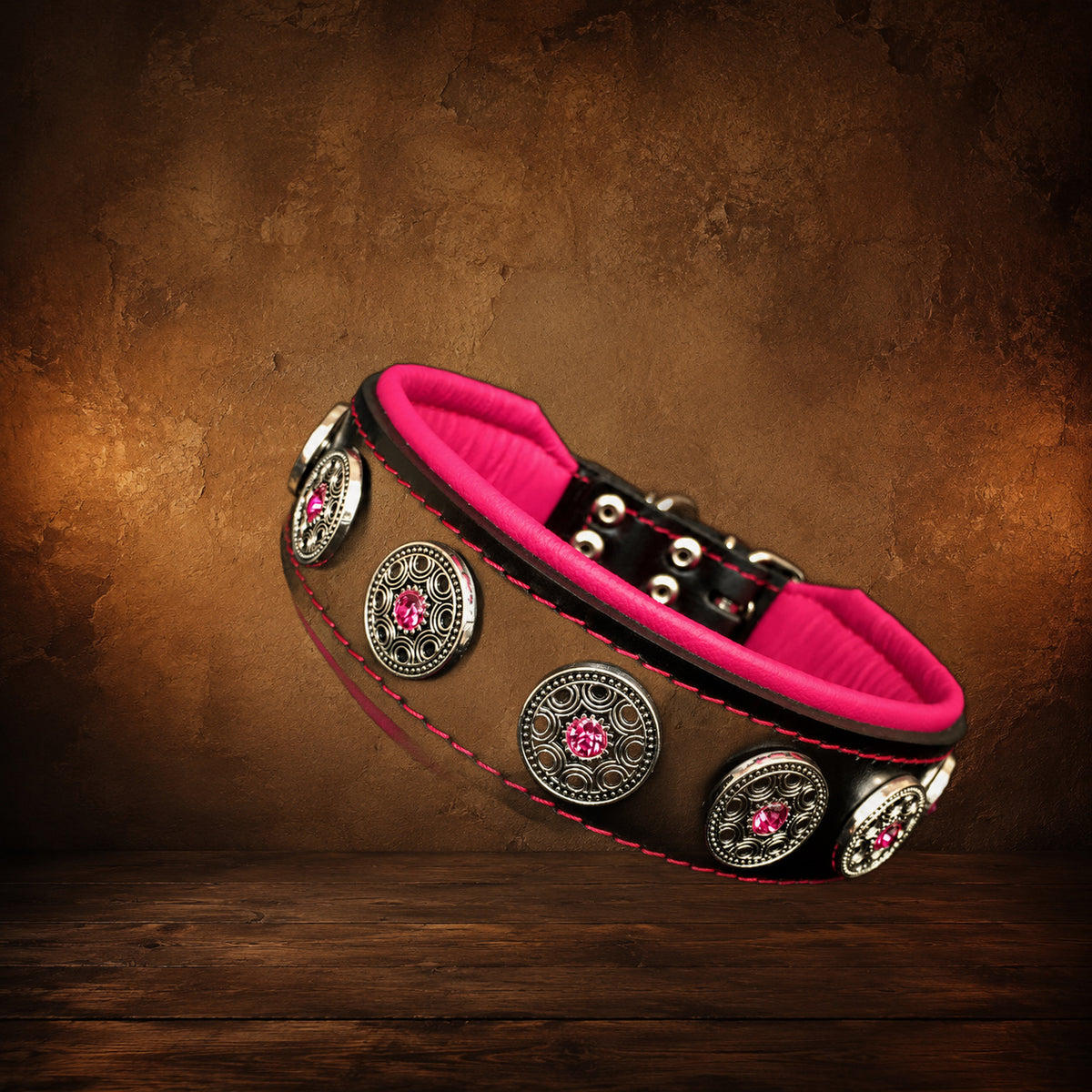 The Bijou Collar — Black Leather & Pink Rhinestones on an antique Pate’s Pugorium backdrop