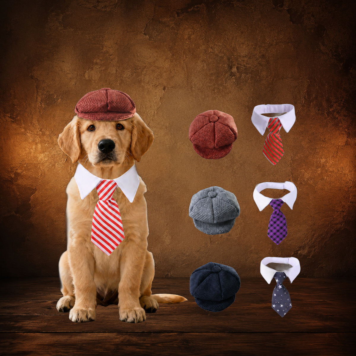 The Little Lord Flat Cap & Tie Set on an antique Pate’s Pugorium backdrop