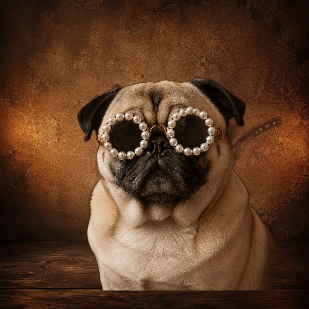 The Dowager’s Pearl Spectacles — Pet Sunglasses on an antique Pate’s Pugorium backdrop