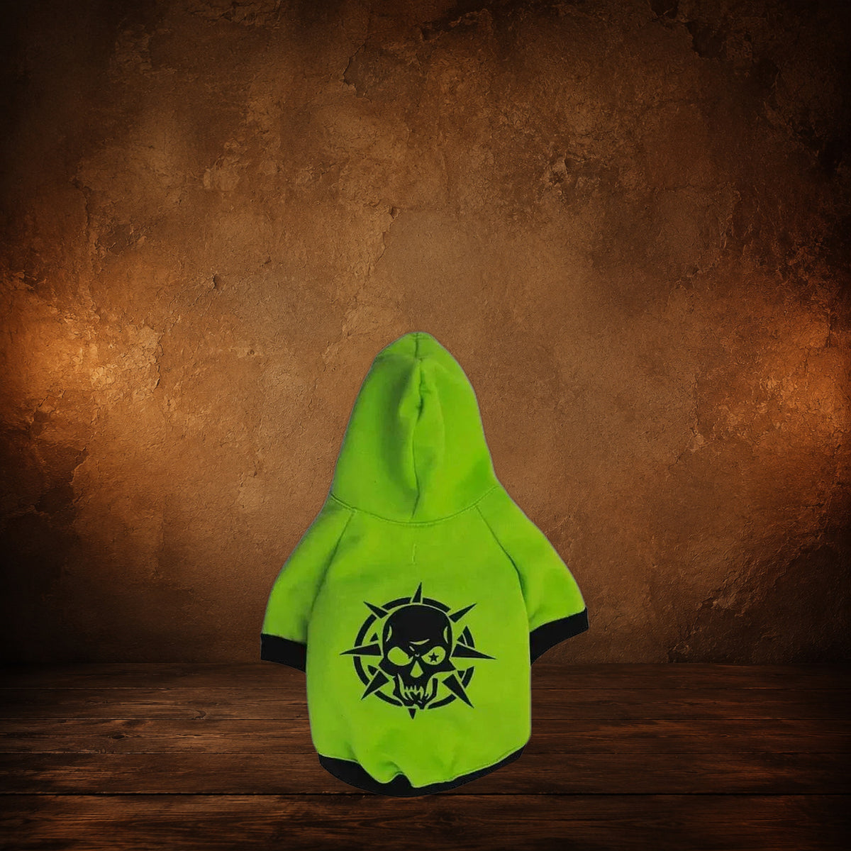 The Crypt Keeper Skull Pet Hoodie on an antique Pate’s Pugorium backdrop