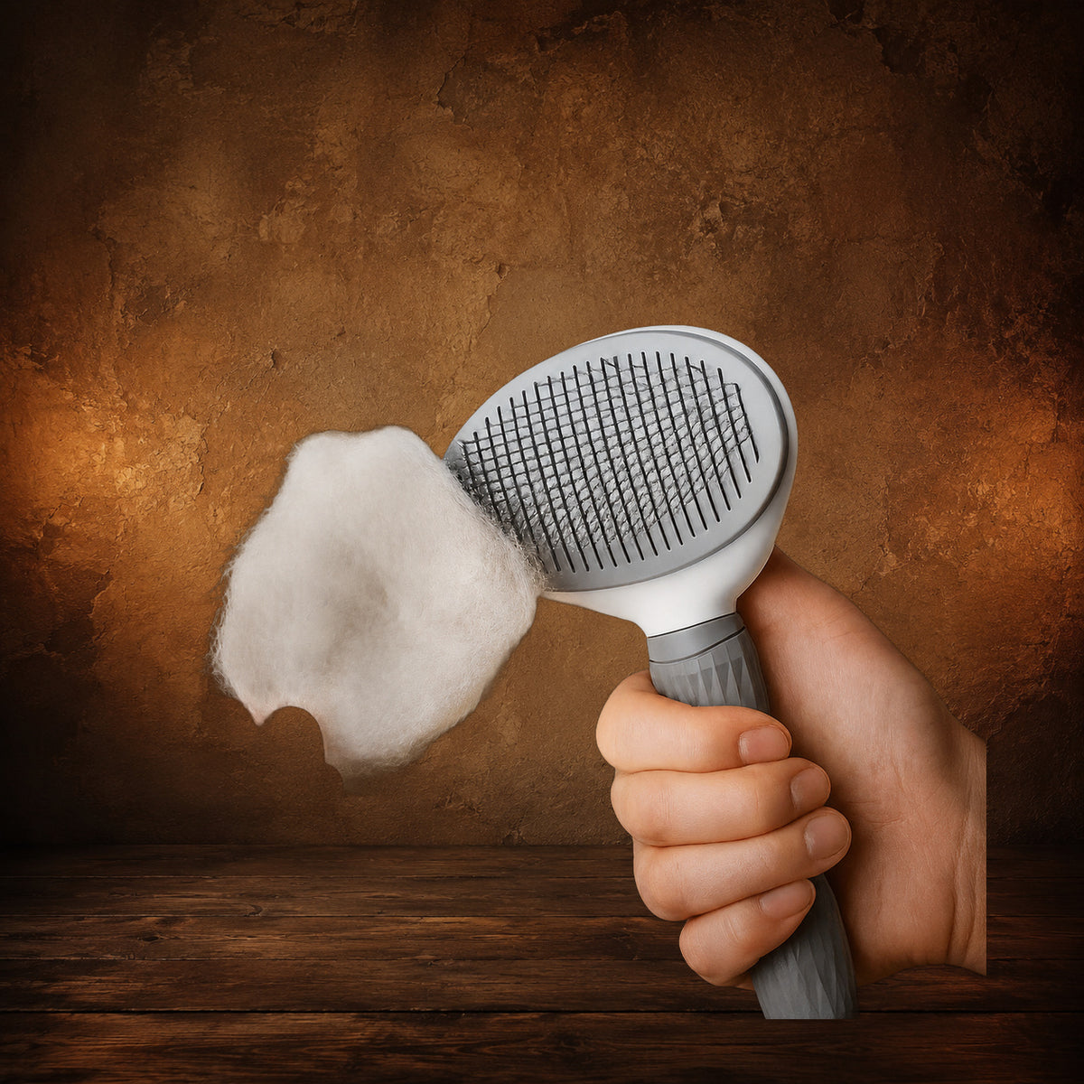 The Daily De-Furring Brush on an antique Pate’s Pugorium backdrop