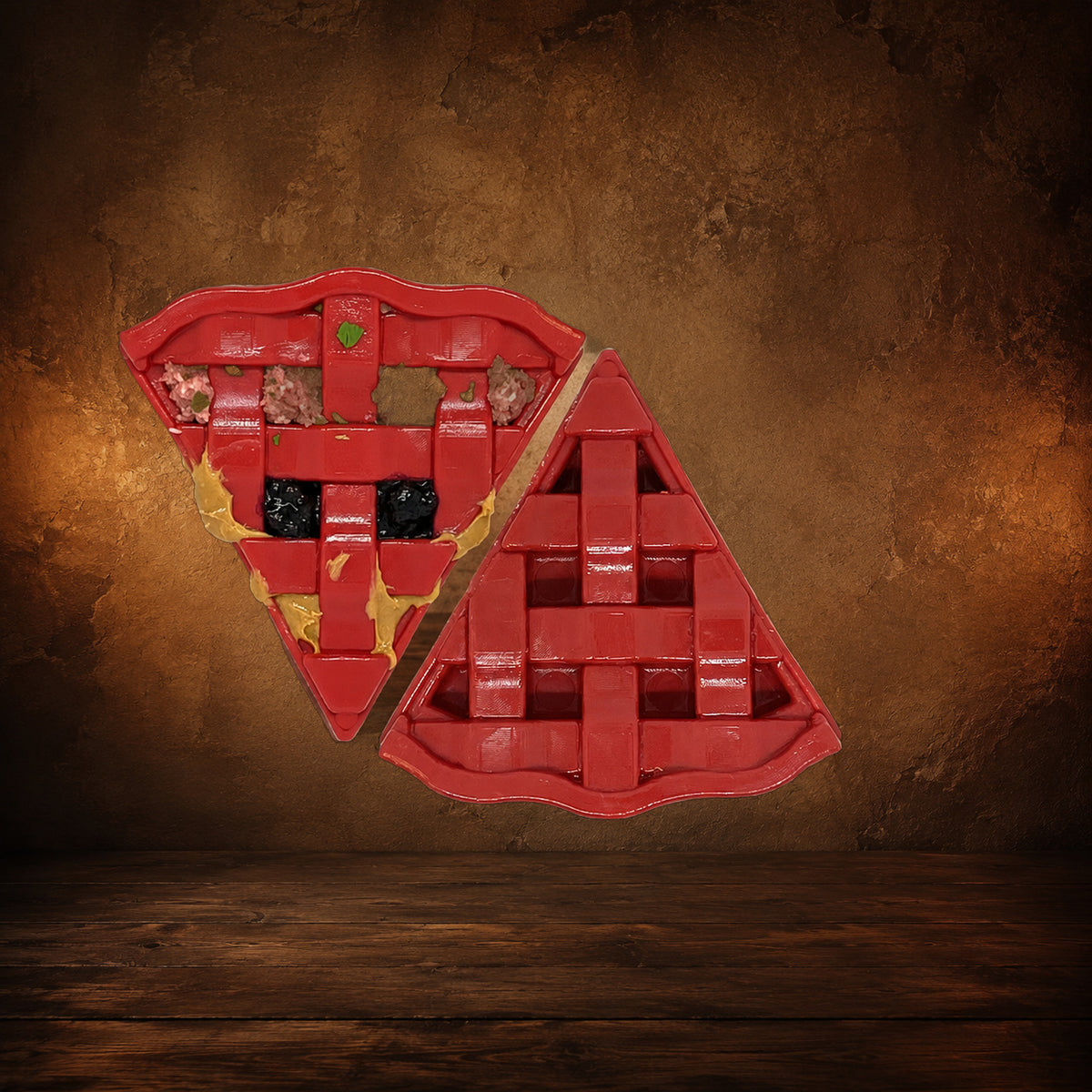 The Forbidden Slice — Cherry Pie Chew Toy on an antique Pate’s Pugorium backdrop