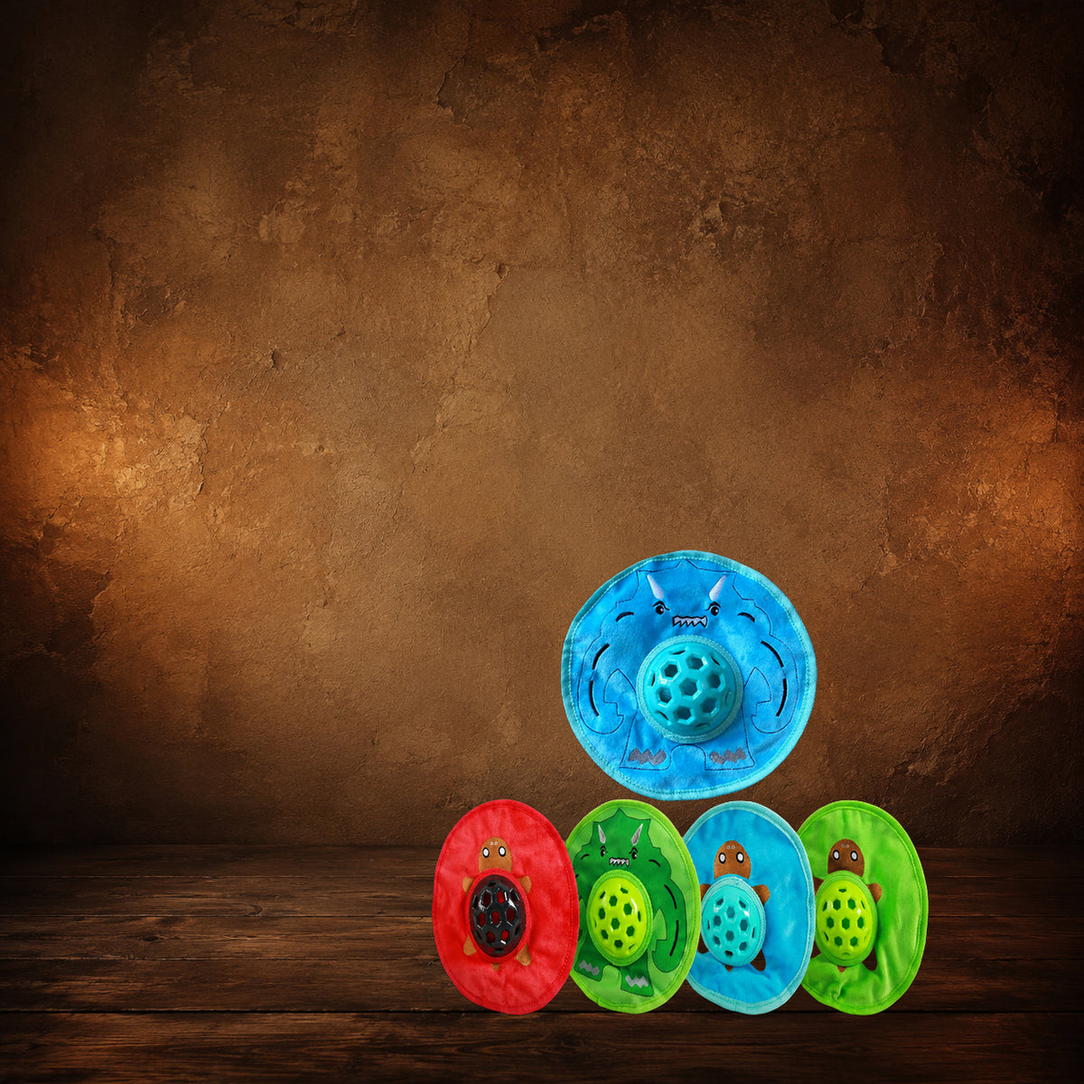 The Little Monster Disc — Crinkle & Squeak Toy on an antique Pate’s Pugorium backdrop