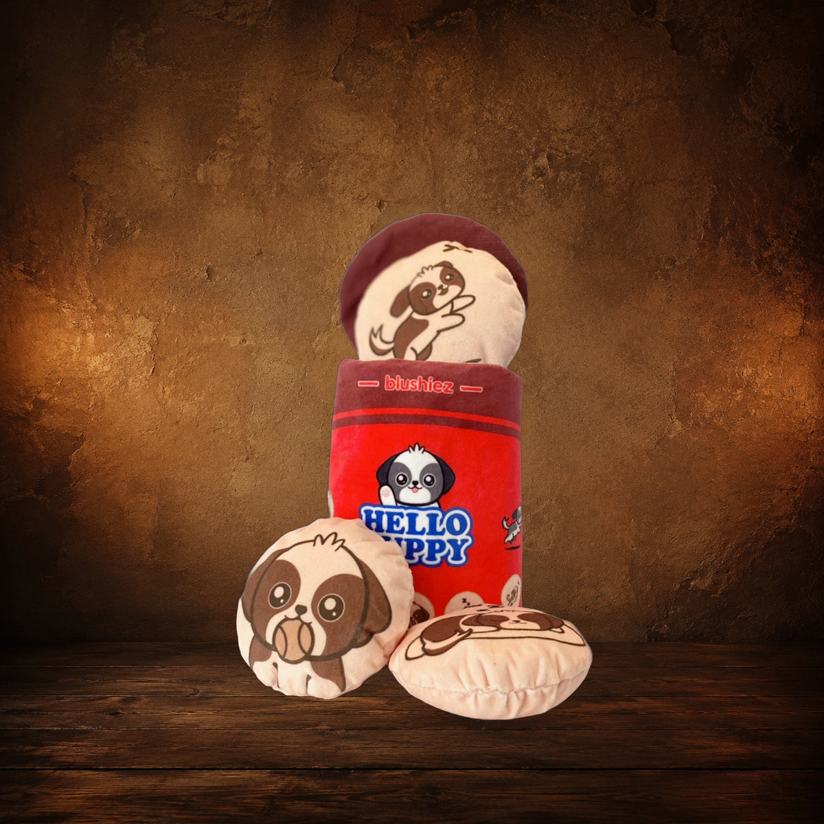 The Sweet Shop Four-Piece Dog Toy Set on an antique Pate’s Pugorium backdrop