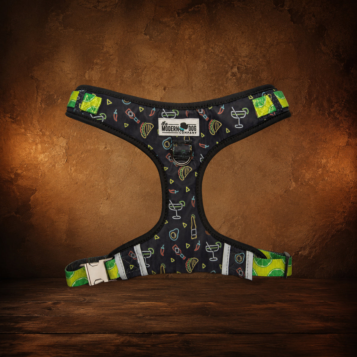 The Taco Tuesday Rambler — Retro Dog Harness on an antique Pate’s Pugorium backdrop