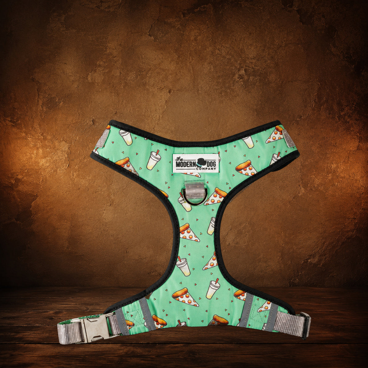 The Midnight Slice — Pizza Party Dog Harness on an antique Pate’s Pugorium backdrop