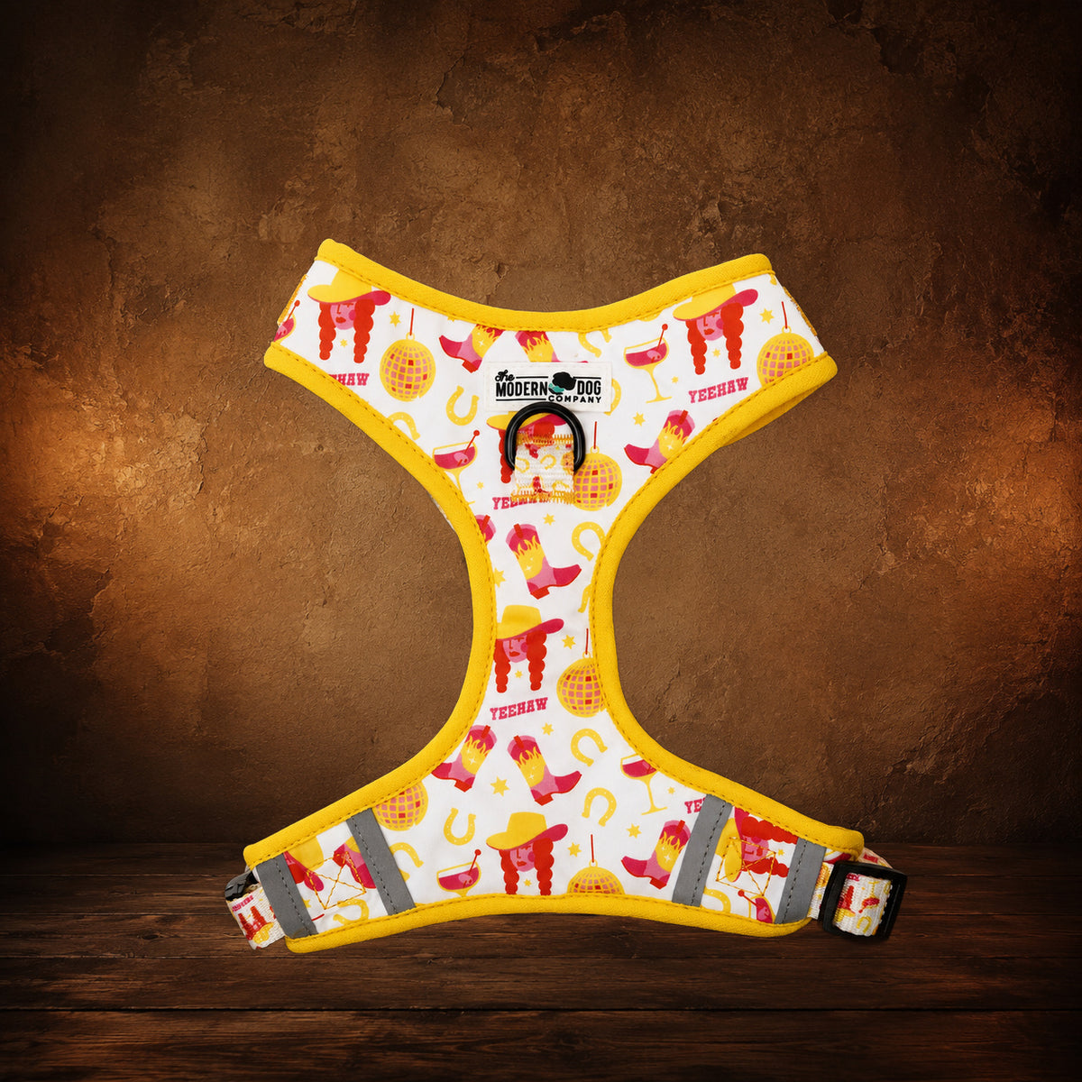 The Disco Cowgirl — Yeehaw Dog Harness on an antique Pate’s Pugorium backdrop
