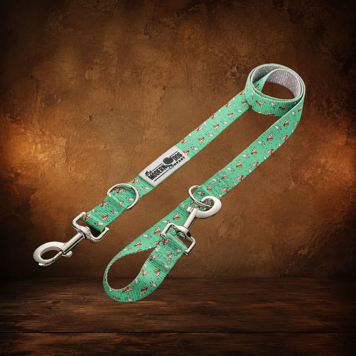 The Midnight Slice — Pizza Party Dog Leash on an antique Pate’s Pugorium backdrop