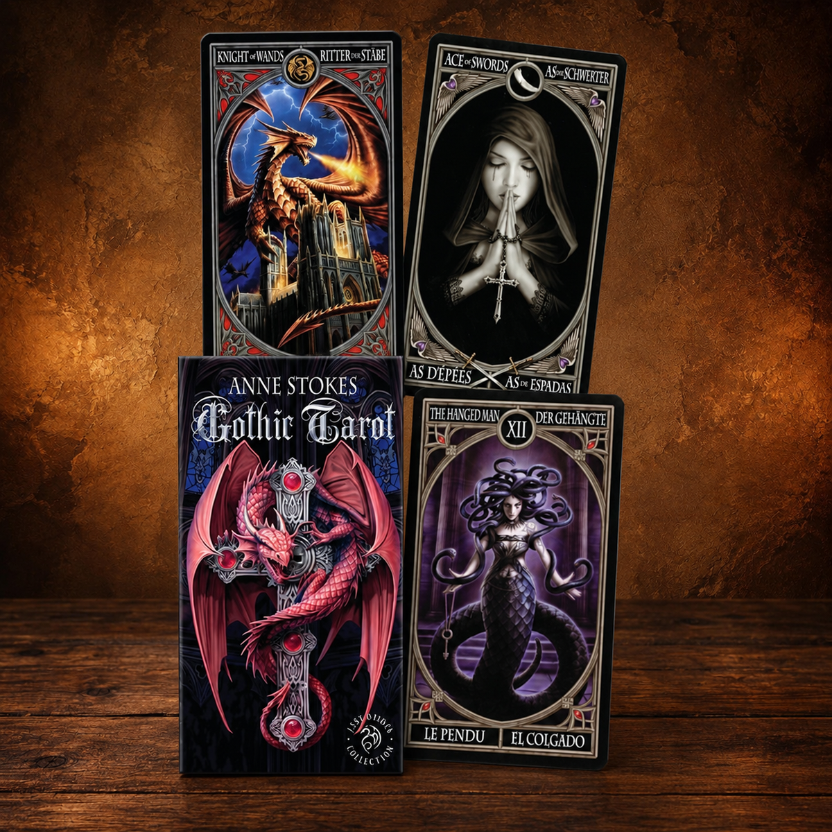 Gothic Visions Anne Stokes Tarot on an antique wood background