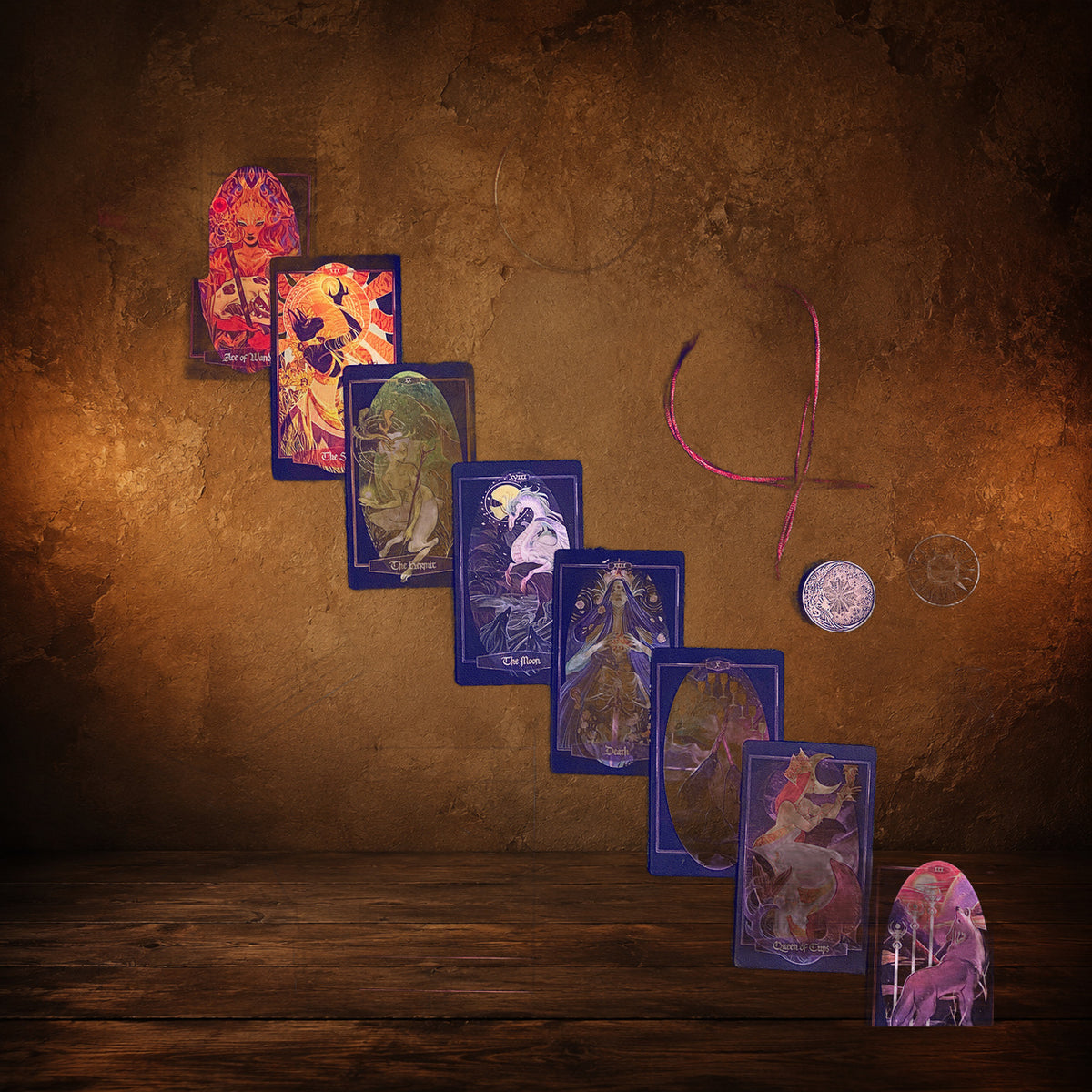 Children of Litha — Black Tarot & Book Set on an antique Pate’s Pugorium backdrop