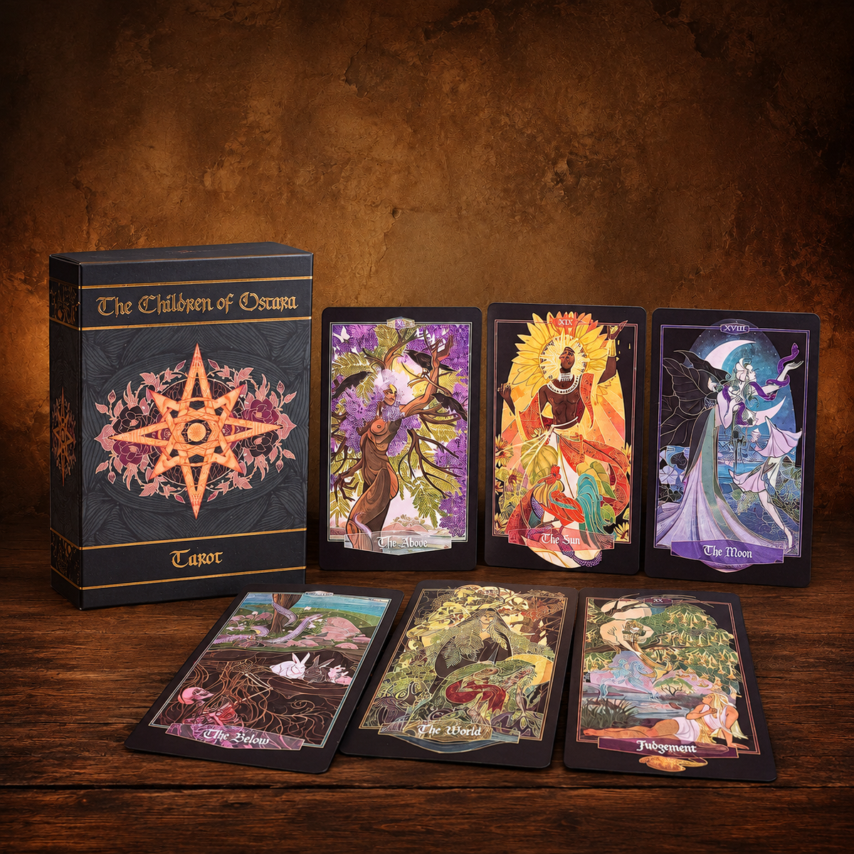 The Children of Ostara Tarot set on an antique wood background