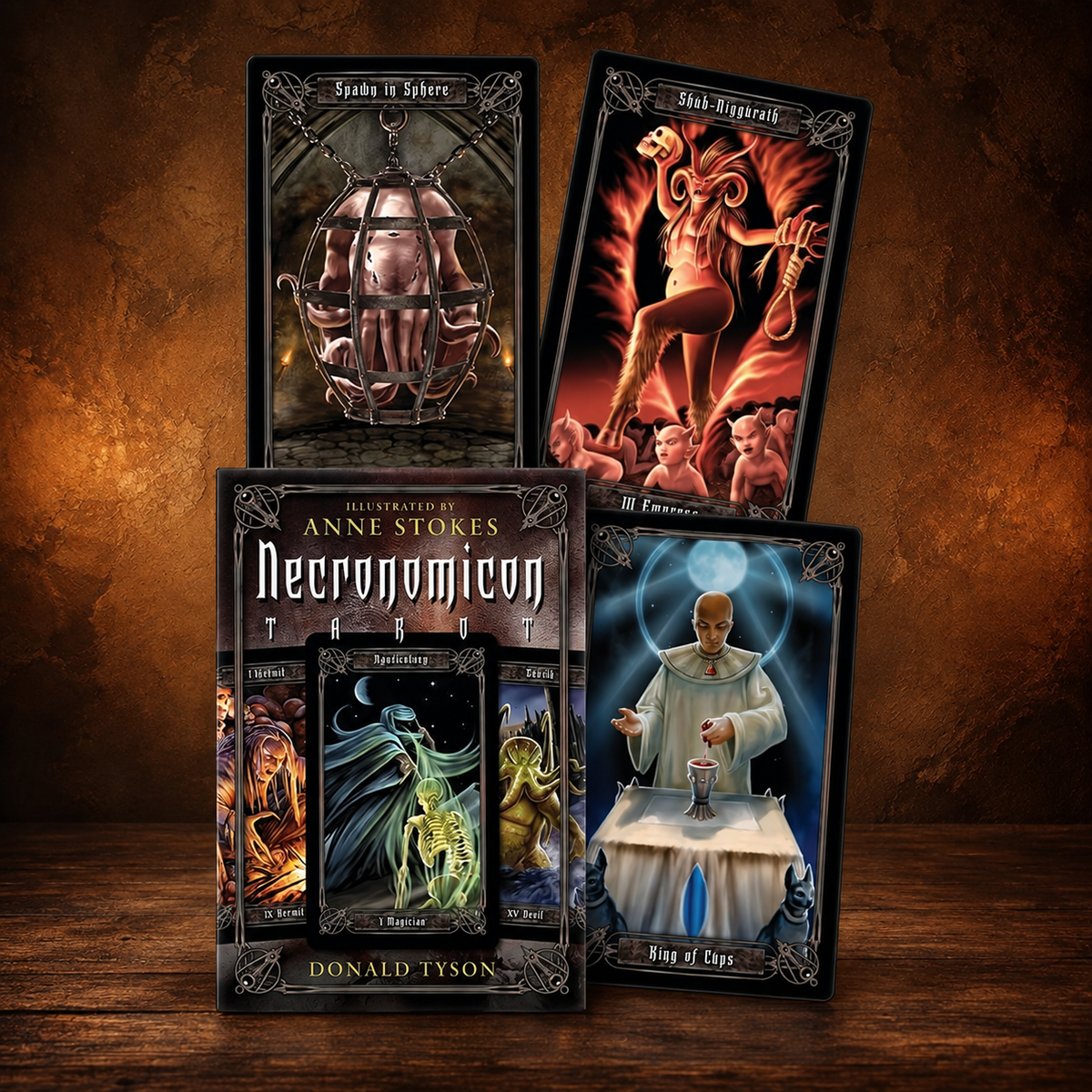 The Forbidden Tome Necronomicon Tarot on an antique wood background