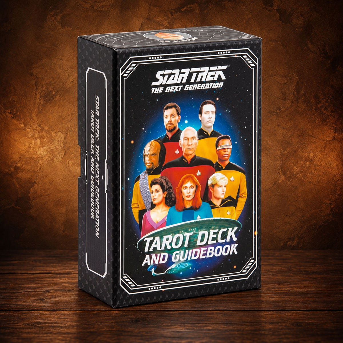 Star Trek The Next Generation Tarot Deck and Guidebook on an antique wood background