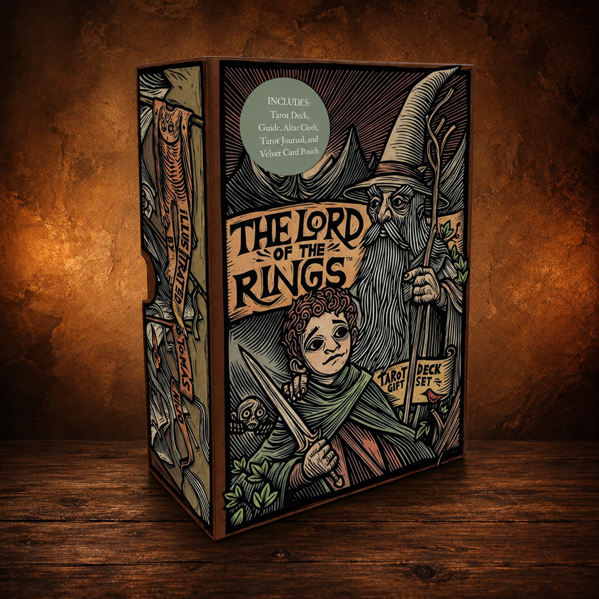 The Lord of the Rings Tarot Gift Set on an antique wood background