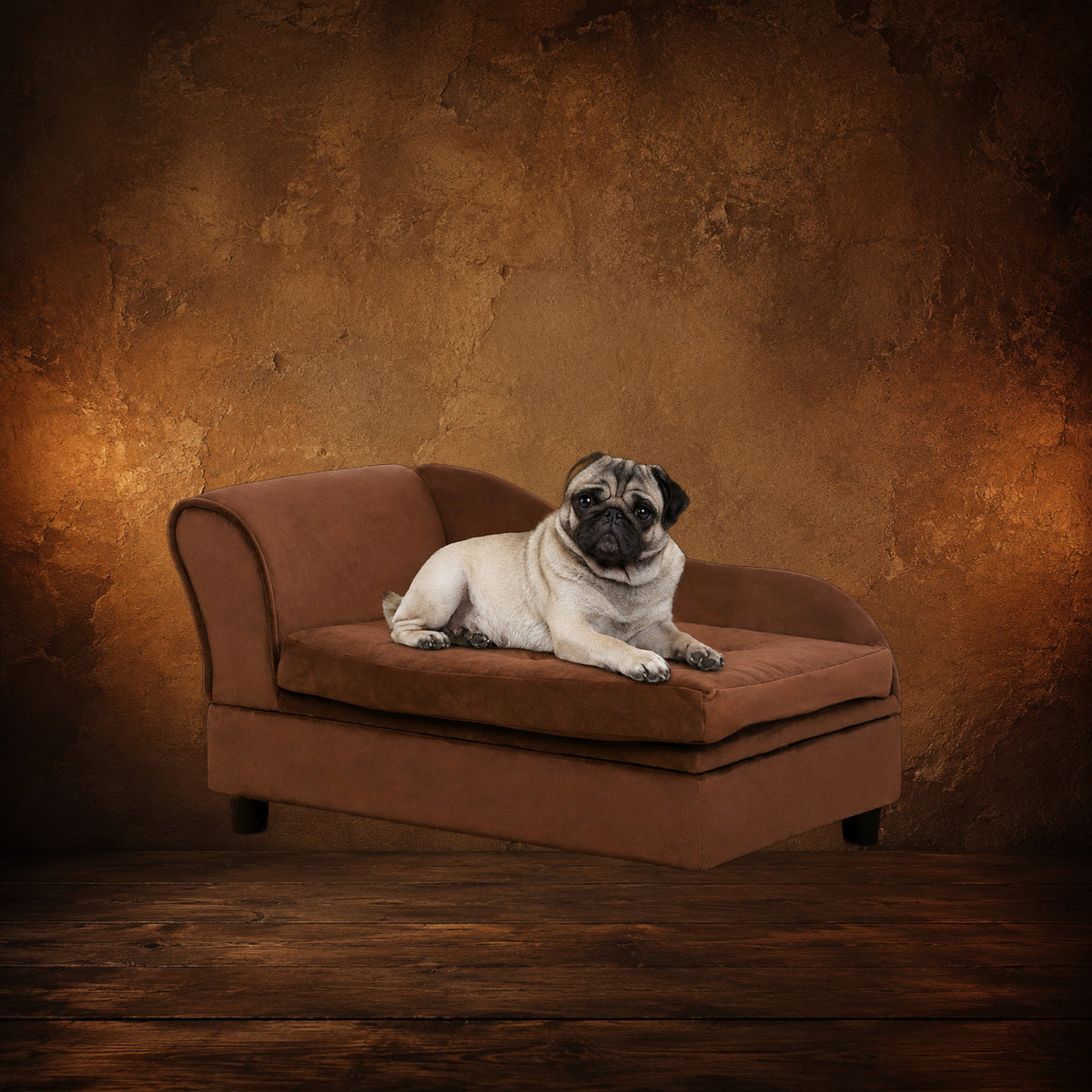 The Secret Compartment Settee — Storage Pet Bed on an antique Pate’s Pugorium backdrop