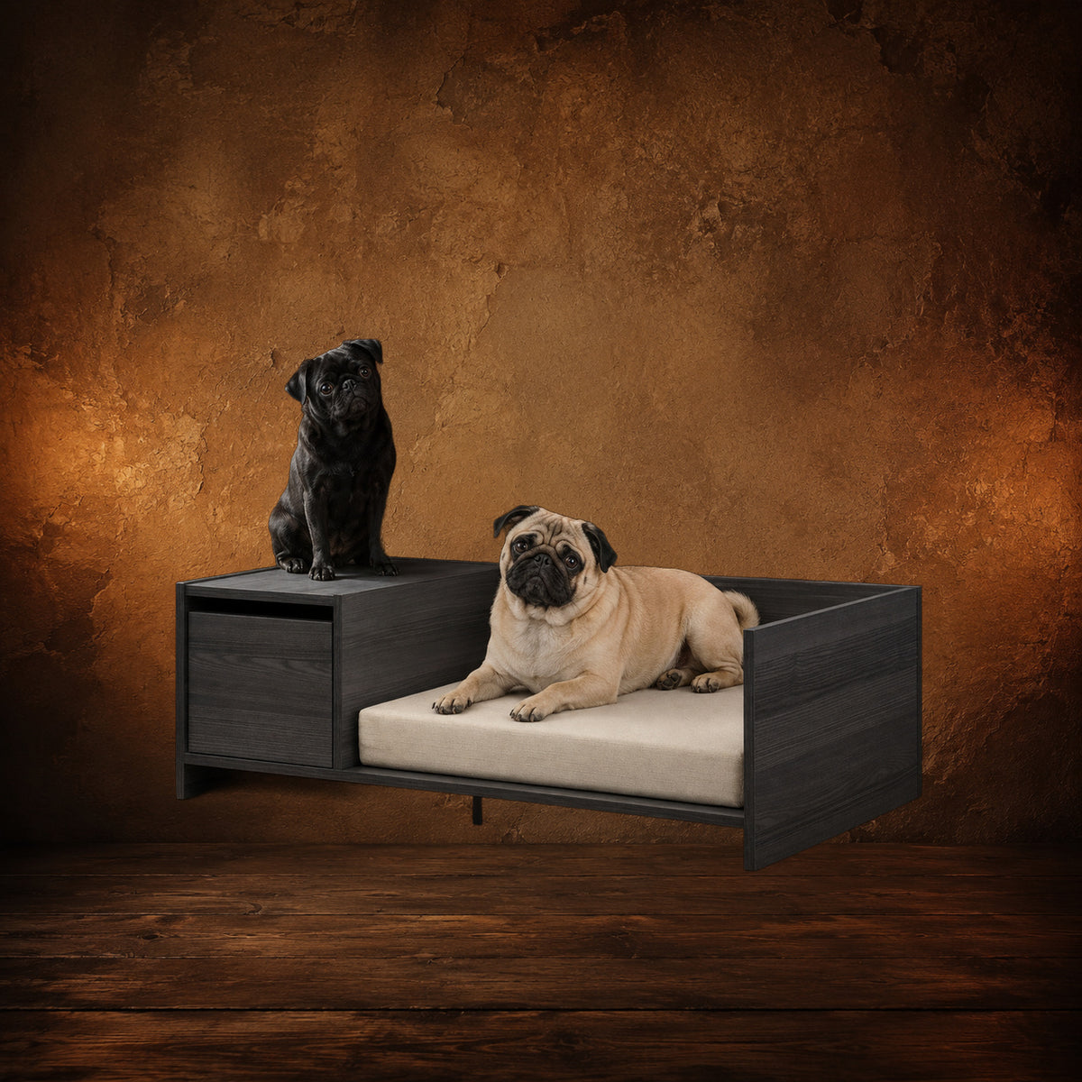 The Governess’s Daybed — Storage Pet Bed on an antique Pate’s Pugorium backdrop
