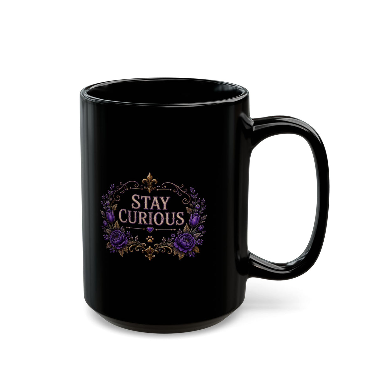 The Widow — Purple Stay Curious Black Mug, 15oz