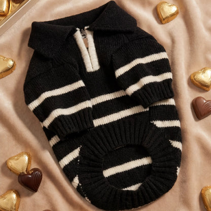 The Cortado — Black Striped Quarter-Zip Dog Sweater
