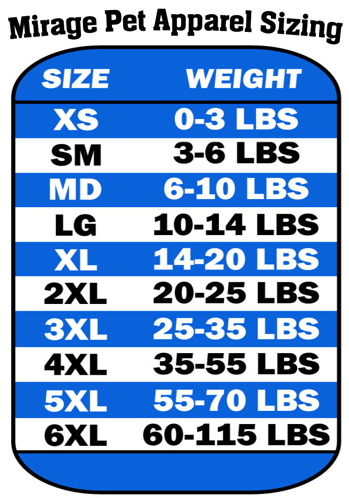 Pet apparel size chart
