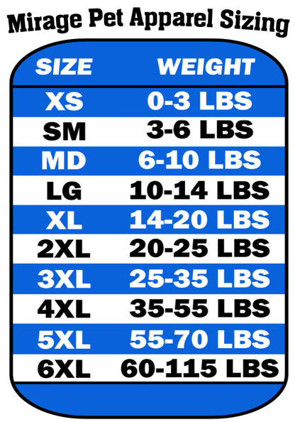 Pet apparel size chart