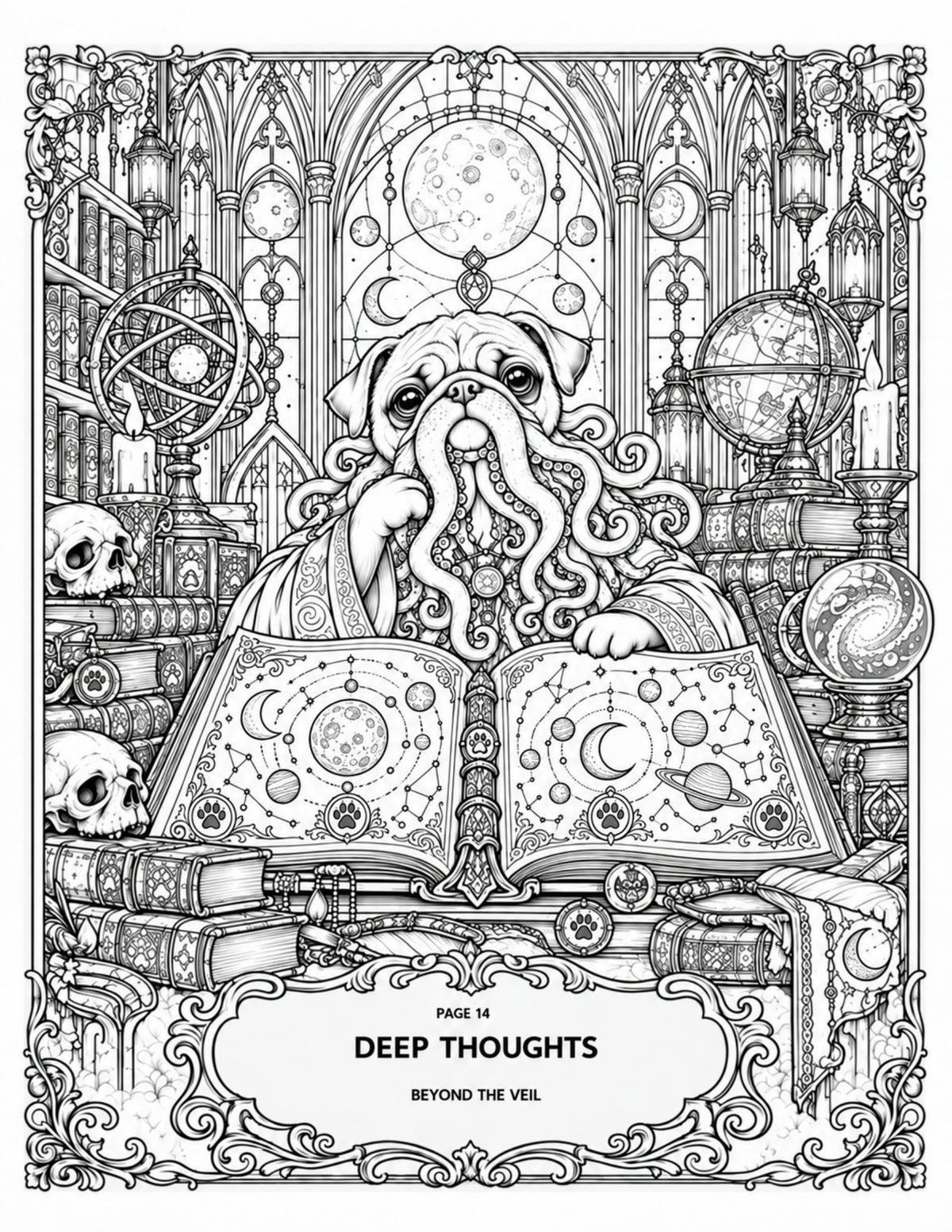 Interior coloring-book sample: Pugthulu in Deep Thoughts, reading an illustrated celestial book in a gothic library.