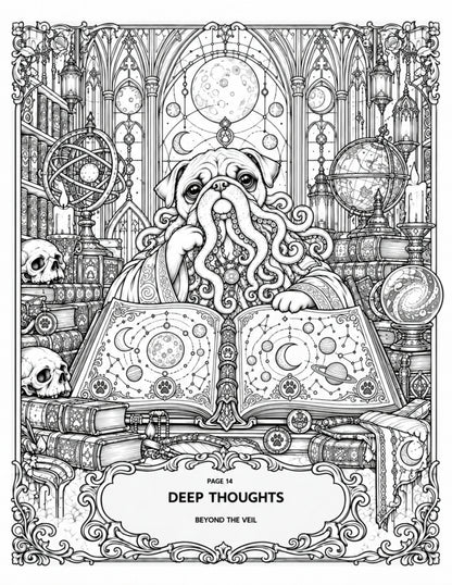 Interior coloring-book sample: Pugthulu in Deep Thoughts, reading an illustrated celestial book in a gothic library.