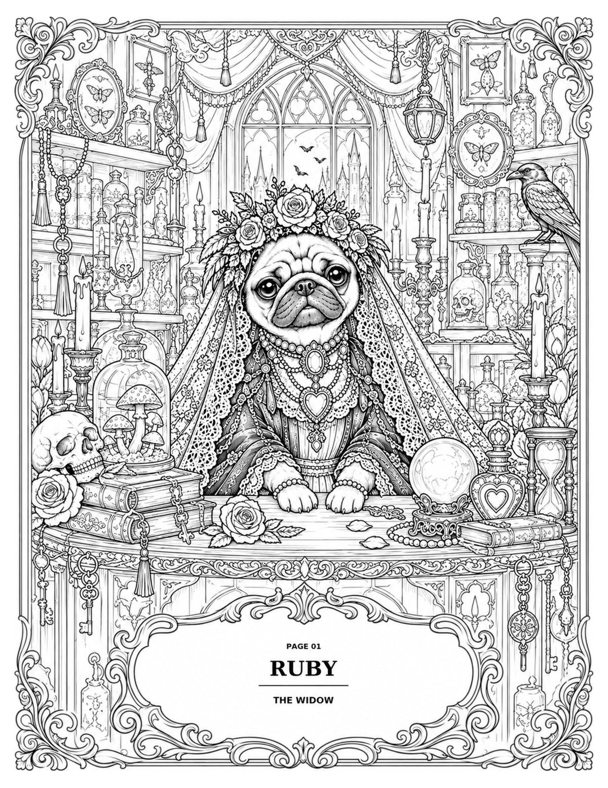 Interior coloring-book sample: Ruby — The Widow in her gothic apothecary, wearing an ornate floral mourning veil.
