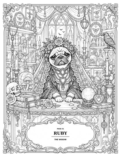 Interior coloring-book sample: Ruby — The Widow in her gothic apothecary, wearing an ornate floral mourning veil.