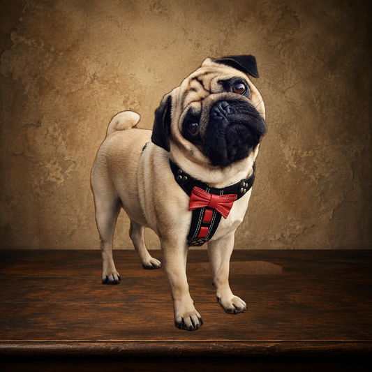 The Proper Gentleman Leather Bowtie Harness displayed on the approved antique plaster and walnut table
