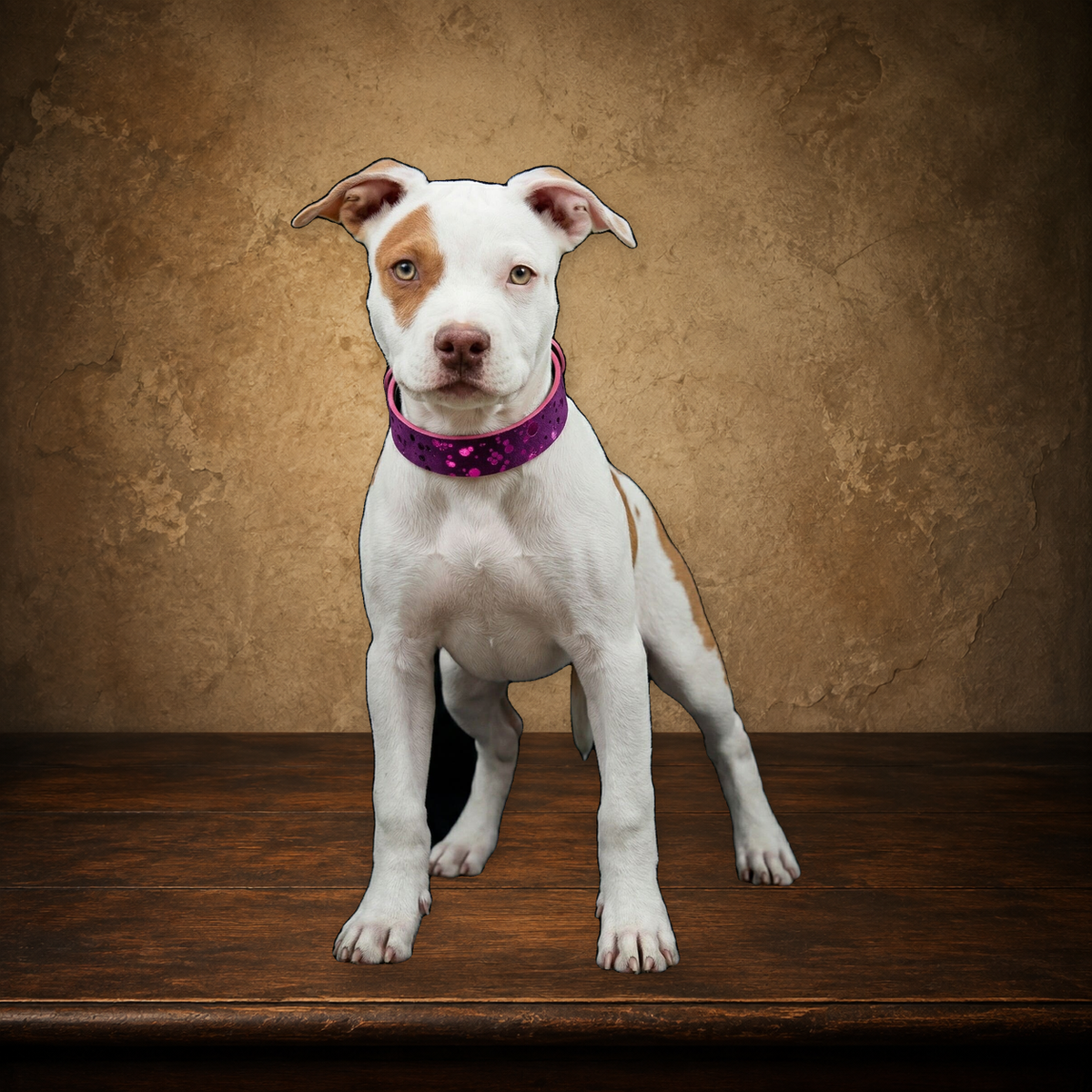 The Viola Drops Leather Collar on the approved antique plaster and walnut backdrop